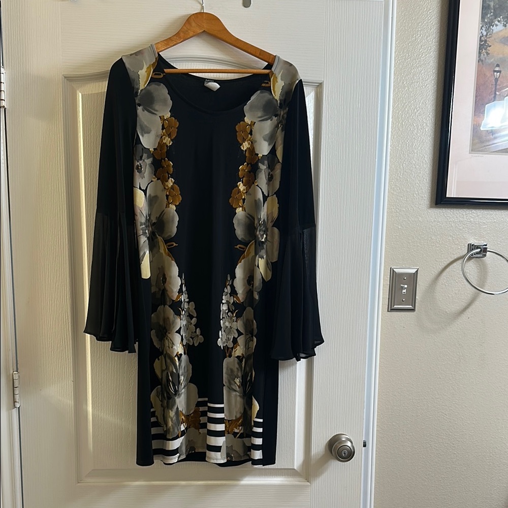 MSK Blue and Gold Bell Sleeve Cocktail Dress